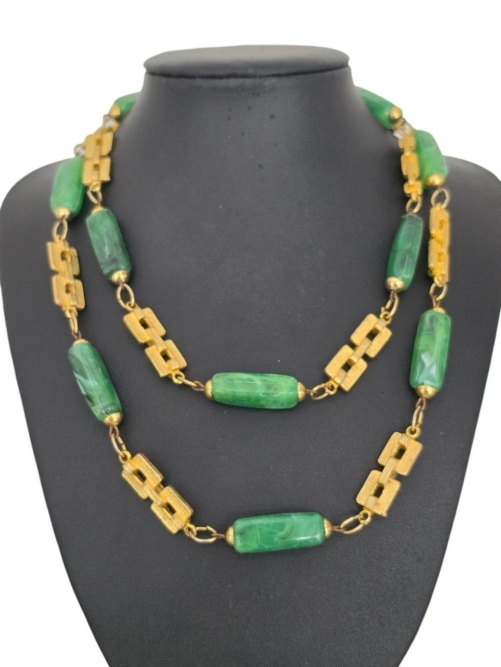 Vintage Asian Export Green Faux Jade Lucite Long Necklace Geometric Links 36.5"